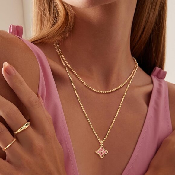 Gold Clover Necklace Women Dainty 14K Gold Pink Rhodnit Pendant Adjustable Chain - Picture 3 of 6